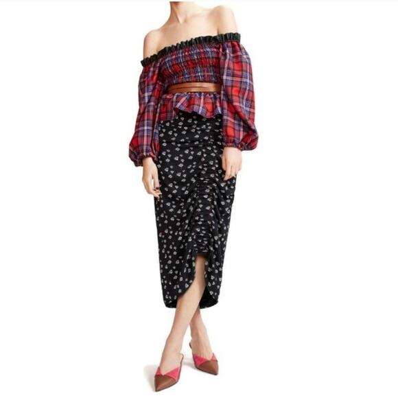 Tanya Taylor Smocked Crop Blouse Red Multi 2 - Picture 3 of 10